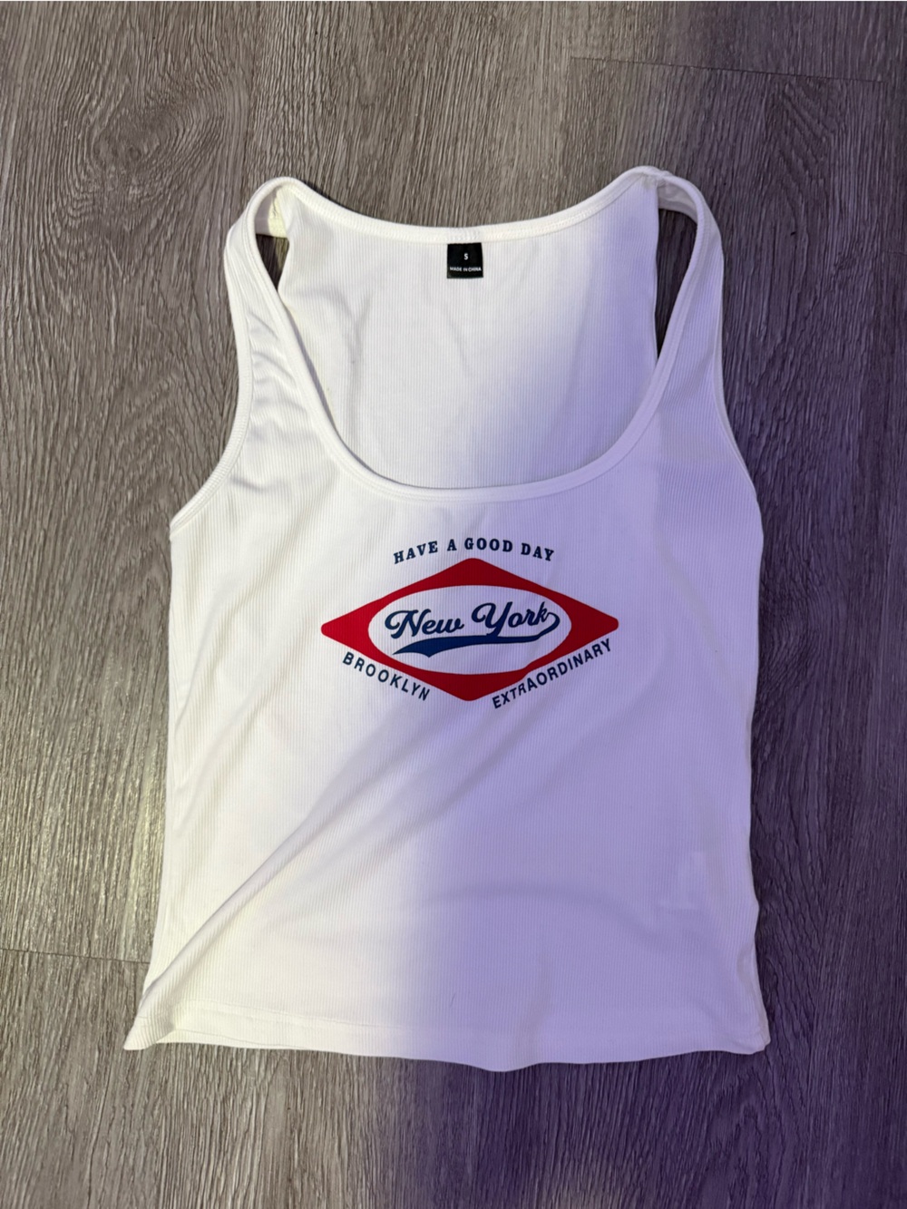 White Women's Ribbed  Top with Red Graphic